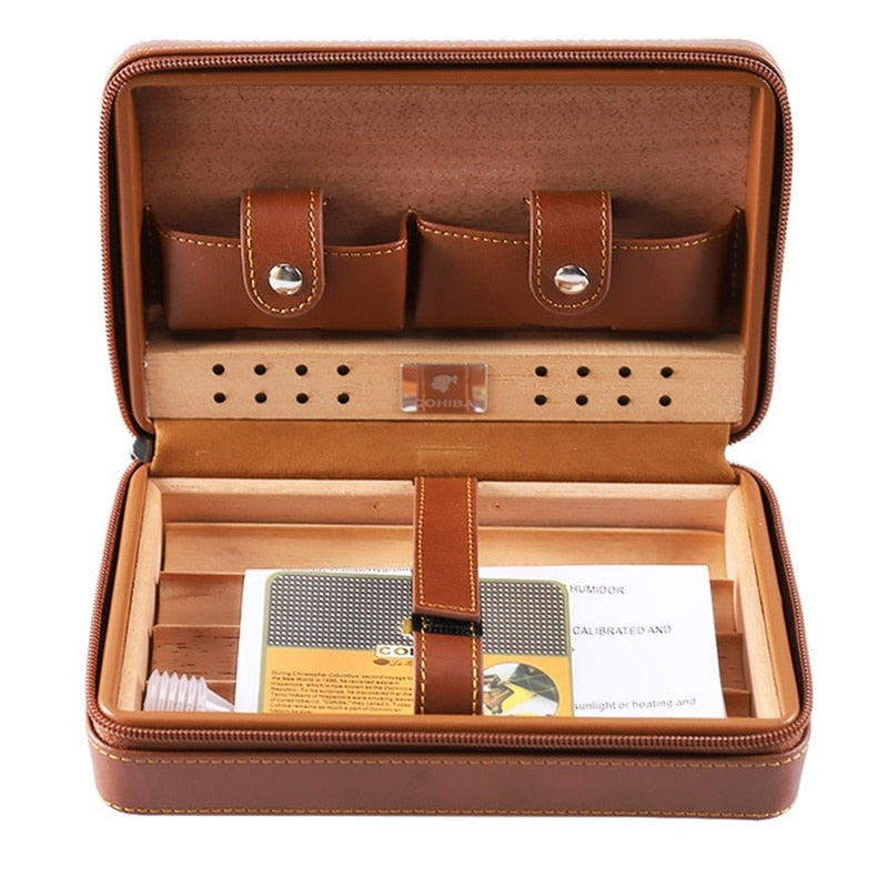 Travel Leather Cedar Wood Portable Case Holds 5