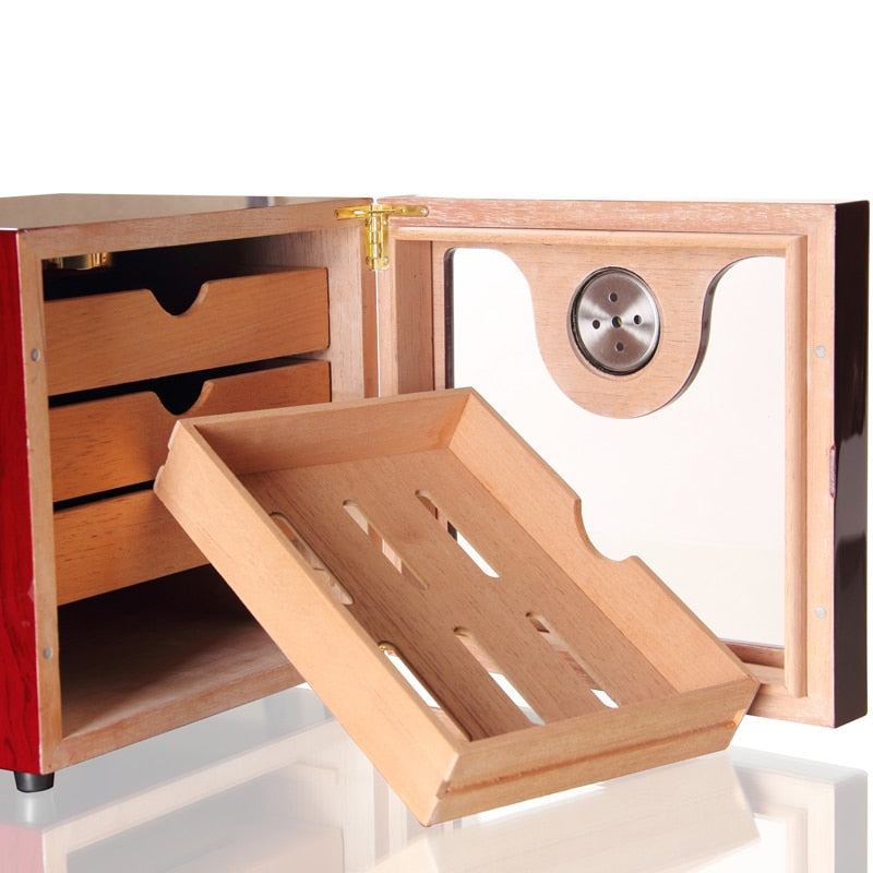 High-Capacity 4-Layer Cedarwood Humidor with Hygrometer and Humidifier